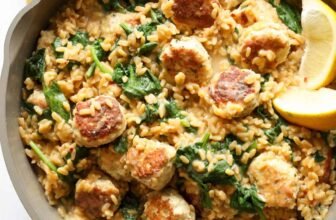 Excessive Protein Hen Meatball Lemon Orzo Skillet